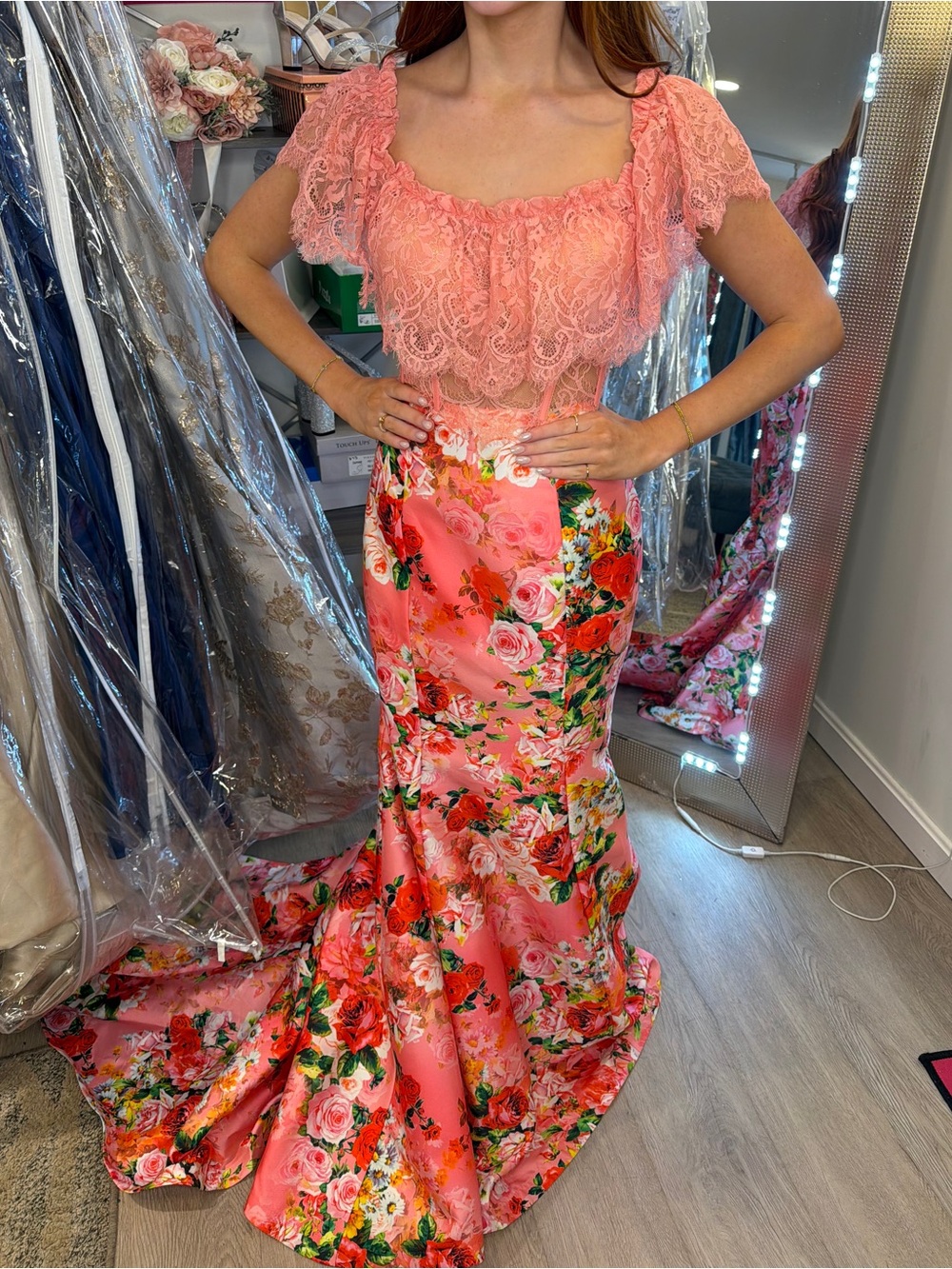 Tarik Ediz Floral Lace Two Piece Evening Gown